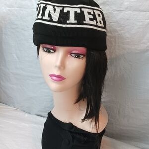 Black Knit Beanie Hat with WHITE 'WINTER' Lettering - Unbranded